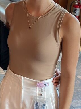 Women’s Sleeveless Crewneck Bodysuit in Tan